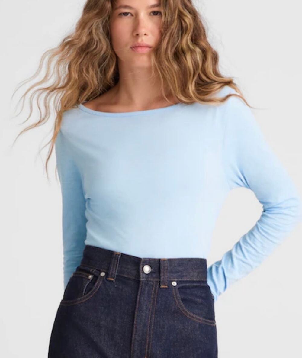 Madewell Ruched Crewneck Long Sleeve Tee Blue Soft Slub Pima Cotton XXS